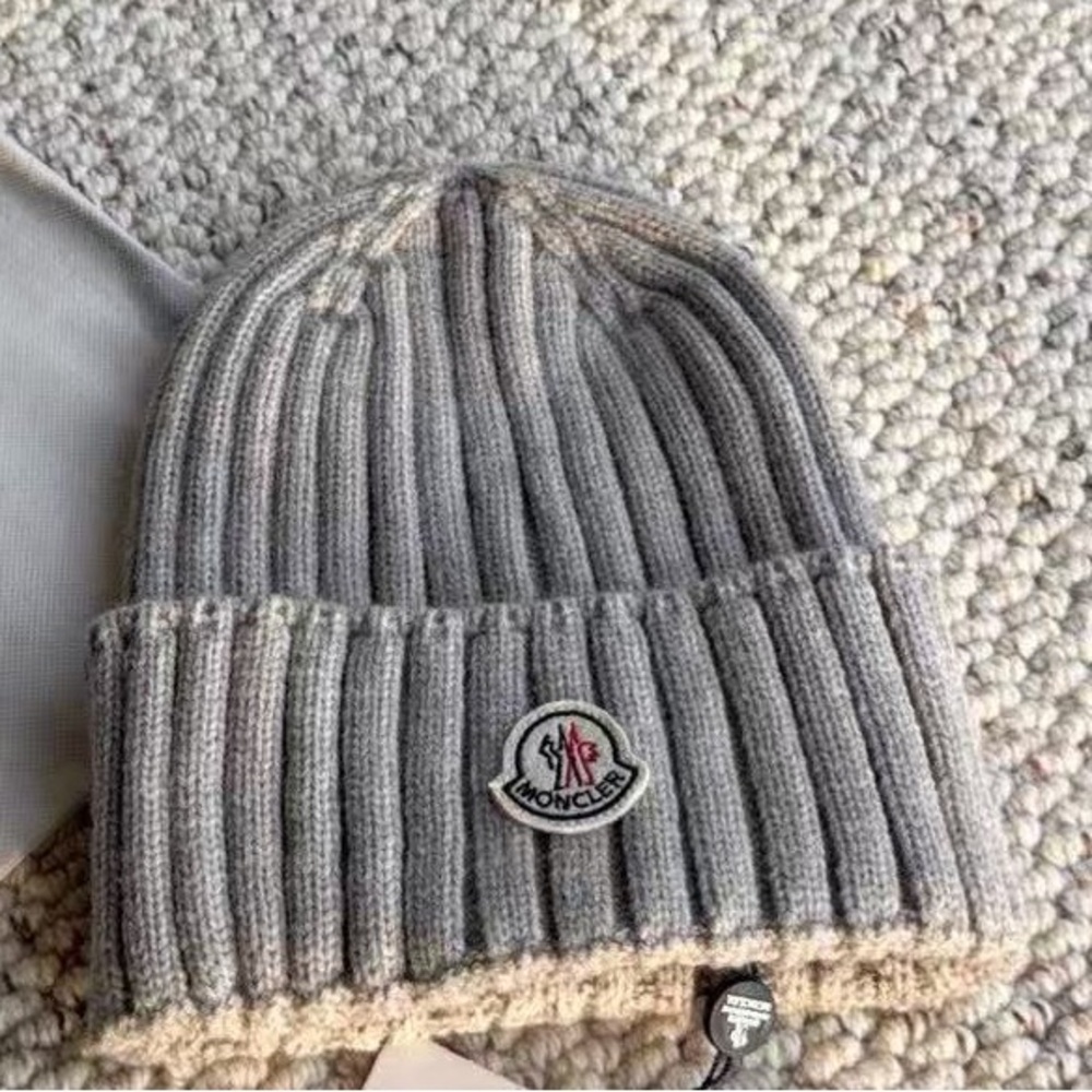 Moncler Light Gray Ribbed Beanie with Shearling Cuff